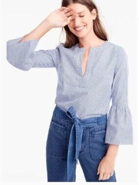 NWOT J. Crew Blue White Striped Bell Sleeve Top Size 8